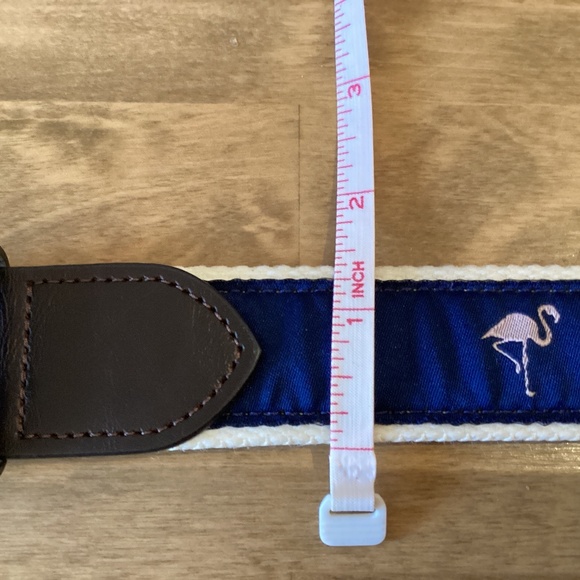 Navy Blue Fabric w/pink flamingos on Off-white woven Belt Sz L - Picture 7 of 7